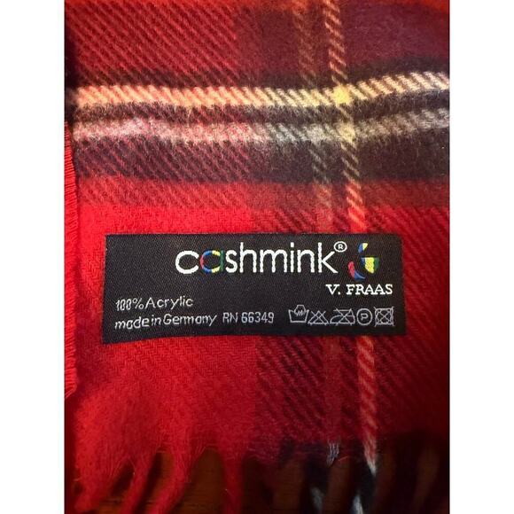 CASHMINK V. FRAAS Winter Scarf Red Plaid 66x12 Fringe NWOT - Picture 2 of 4